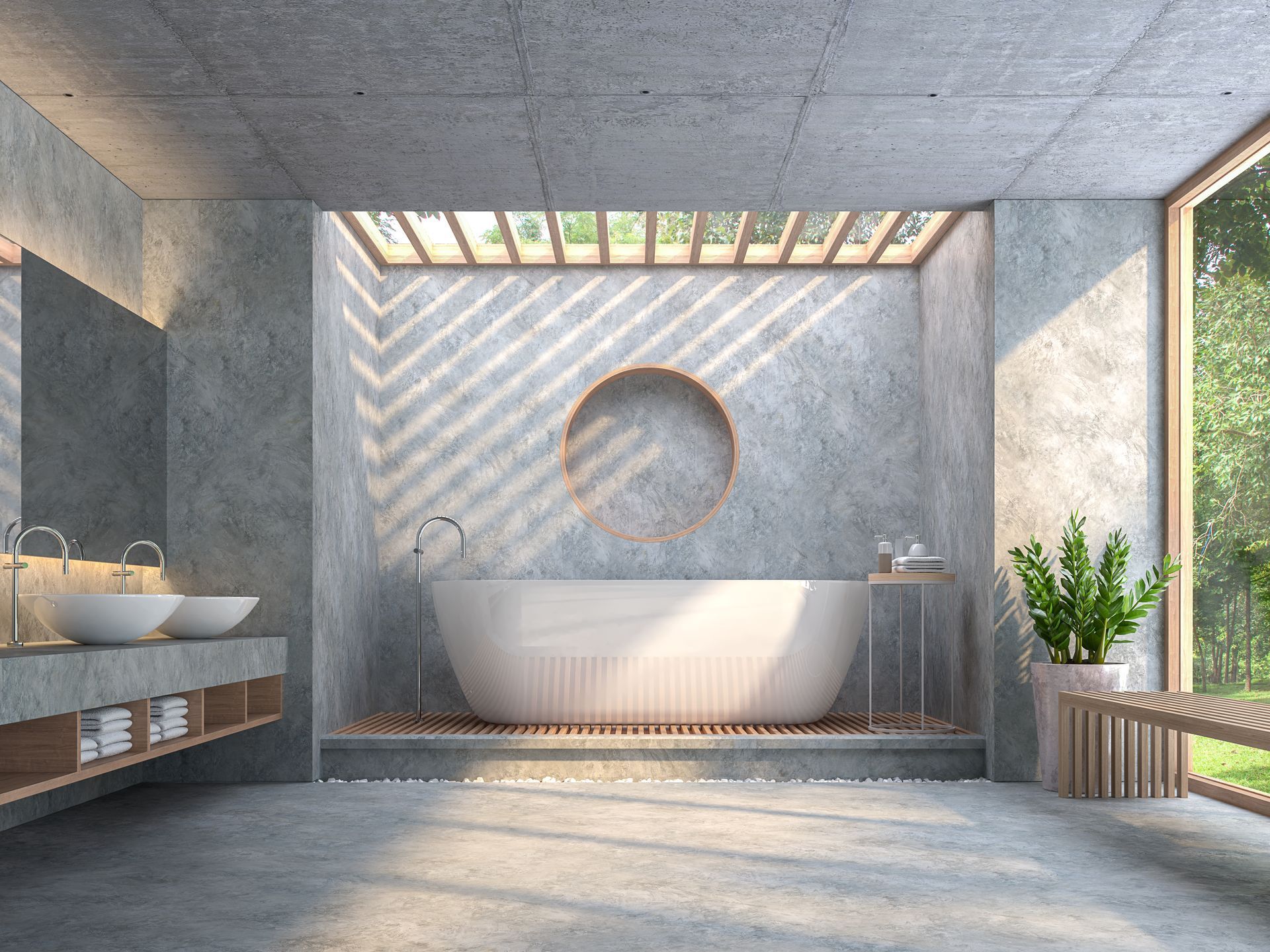 Modern bathroom with concrete walls, copper shower frame, white tub, and vanity with plant.