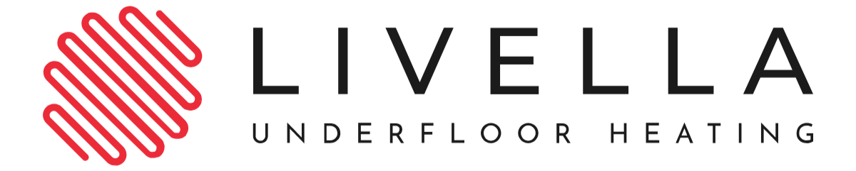 Livella Underfloor Heating — Home Livella underfloor heating logo with red squiggly lines on the left and black text on the right.