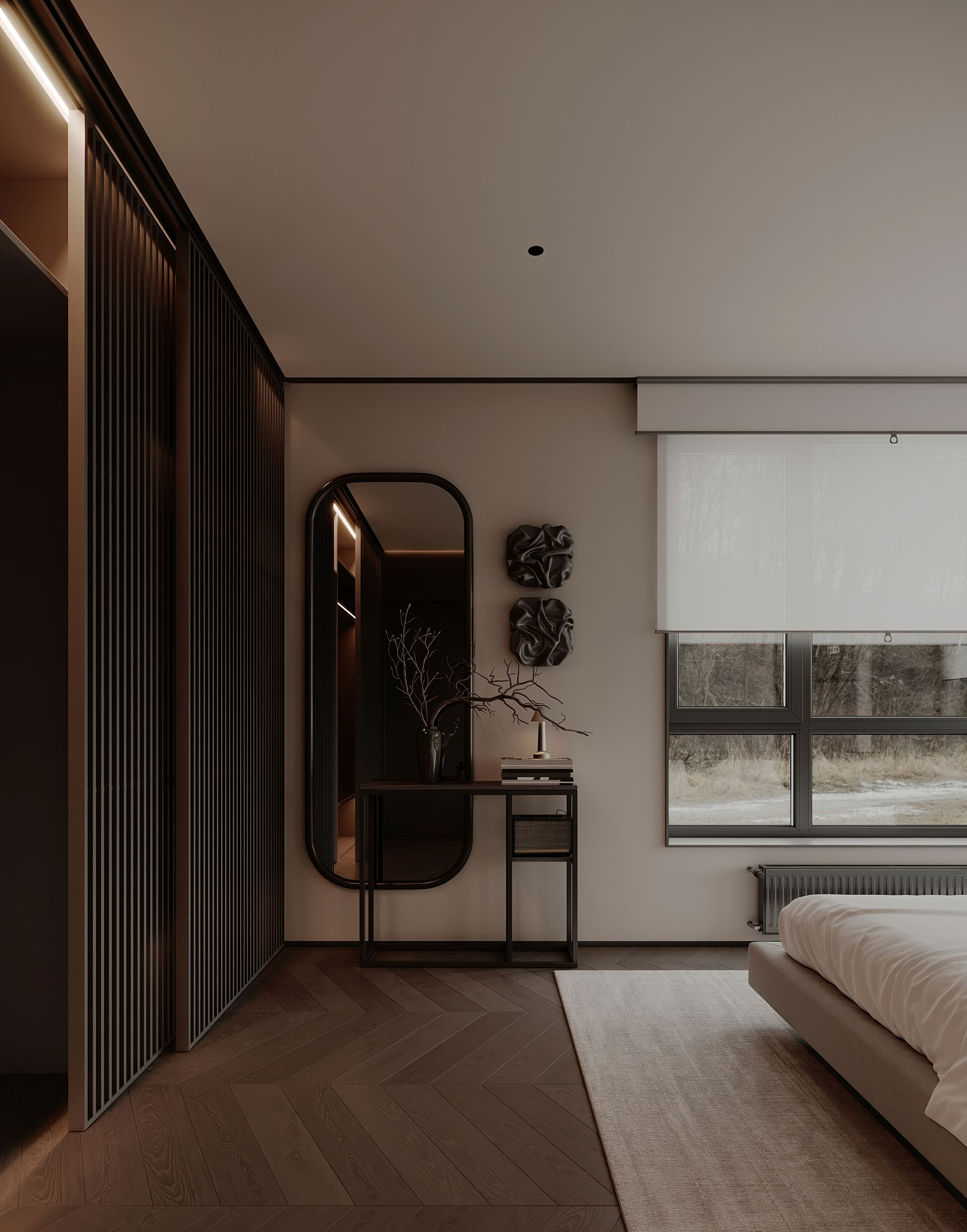 Bedroom interior with dark wood floors, large mirror, and a window with a view.