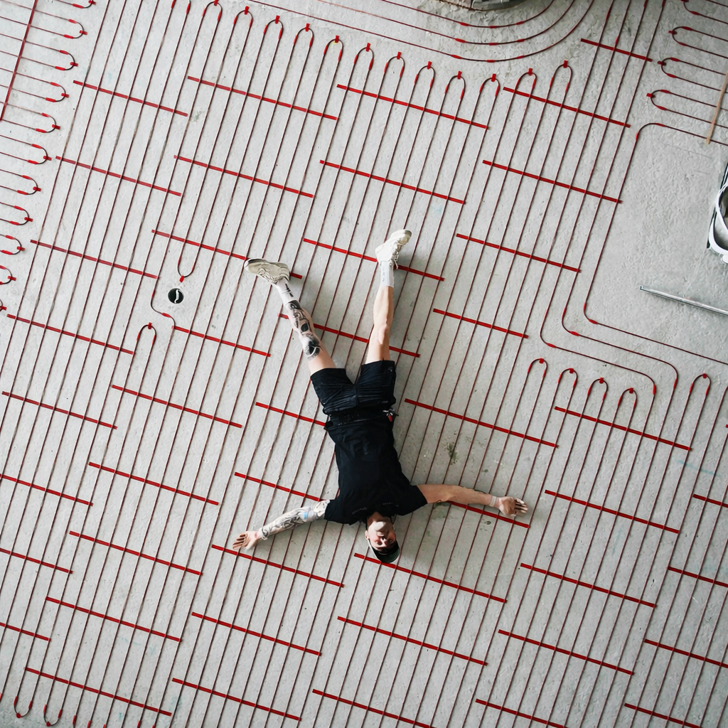 Person lying on back, arms and legs outstretched, on a white surface with red grid lines, possibly a construction site.