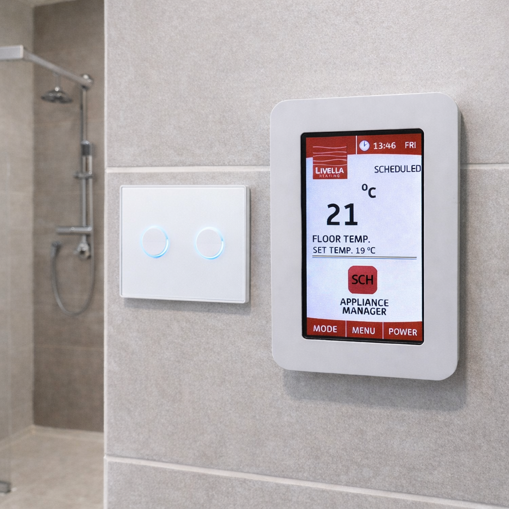 White thermostat and light switch on a tiled bathroom wall near a shower. Thermostat shows the current temperature.