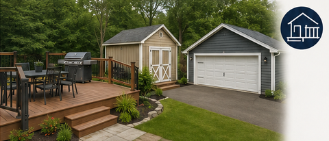 Backyard deck, beige shed, and gray garage surrounded by green trees and lawn