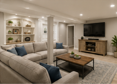 Modern living room with beige sectional, blue pillows, TV, and built-in shelves with decor.