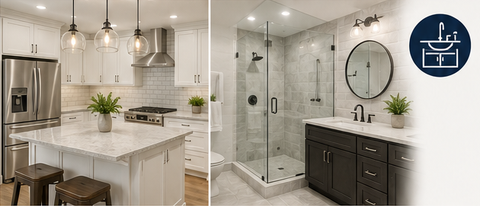 Modern white kitchen and bathroom with gray accents, marble countertops, and pendant lighting