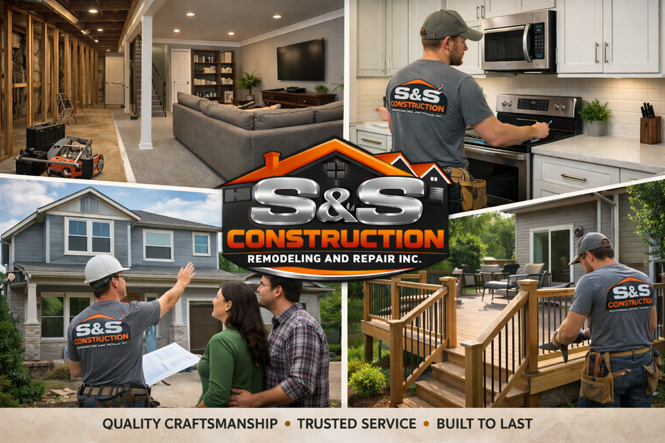 S&S Construction collage of home remodeling scenes with workers in branded vests, interiors, decks, and logo.