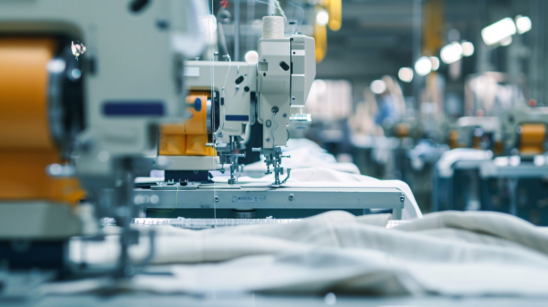 A row of industrial sewing machines in a factory, with fabric pieces laid out on the workstations.