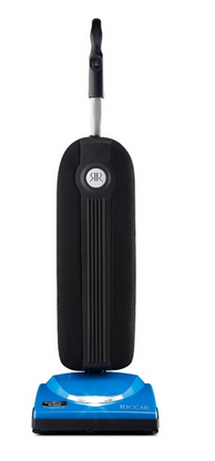 A blue and black upright vacuum cleaner standing against a white background.