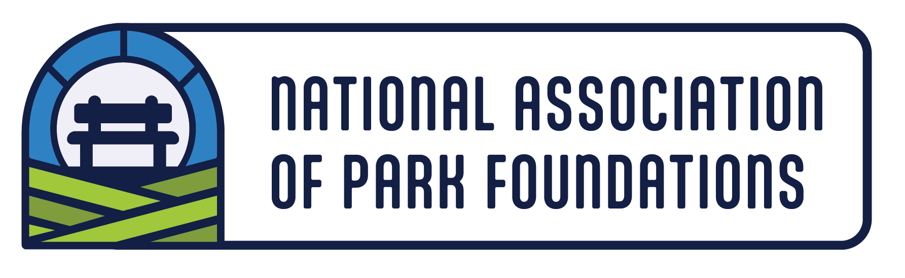 Logo for National Association of Park Foundations. Features a park bench icon inside a blue archway, with text.