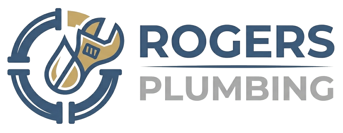 Rogers Plumbing logo with wrench and pipe emblem in blue and gray