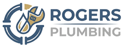 Rogers Plumbing logo with wrench and pipe emblem in blue and gray