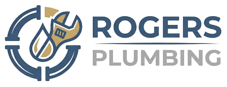 Rogers Plumbing logo with wrench and pipe emblem in blue and gray