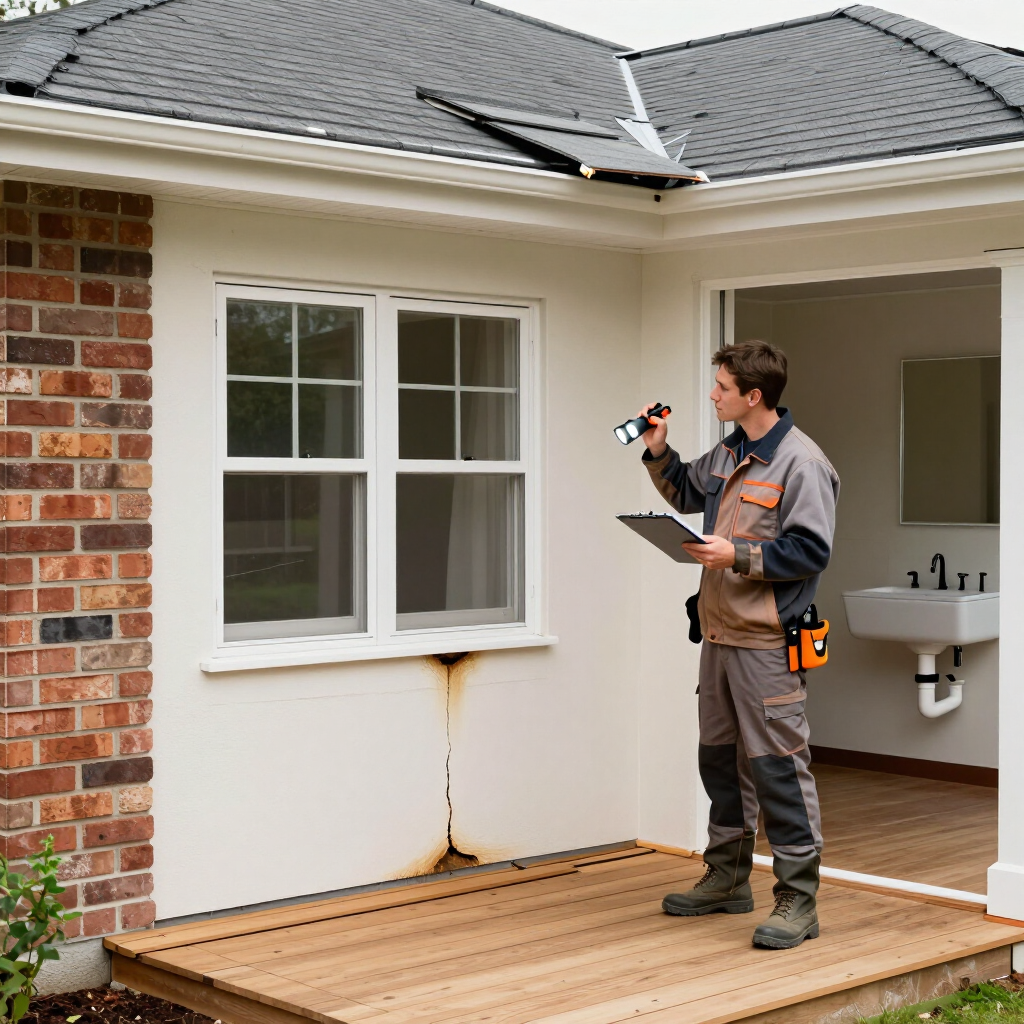 Technician inspecting exterior wall and window above a wooden deck beside a house