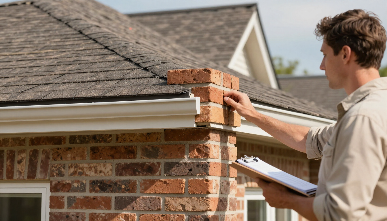 Person inspecting a brick house roof edge and gutter with a clipboard
