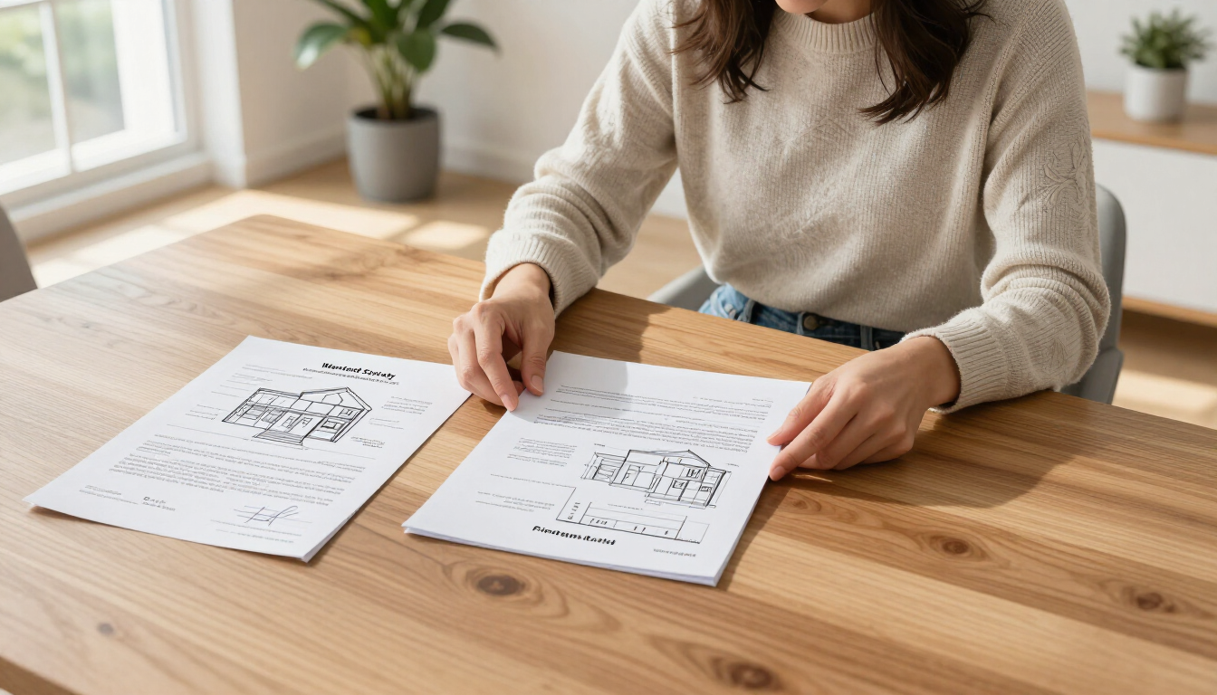 Person writing on worksheets at a wooden table in a bright room with a plant in the background
