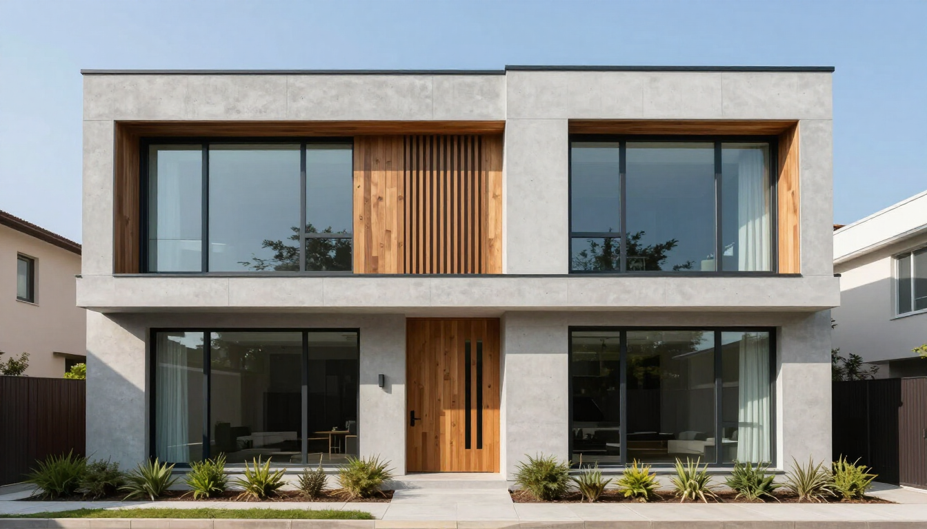 Modern two-story house facade with large windows, white exterior, wood accents, and a landscaped front yard