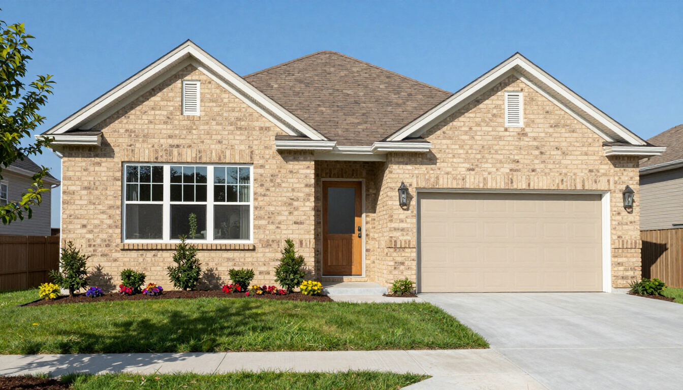Single-story tan brick house with a two-car garage, front lawn, and flower beds