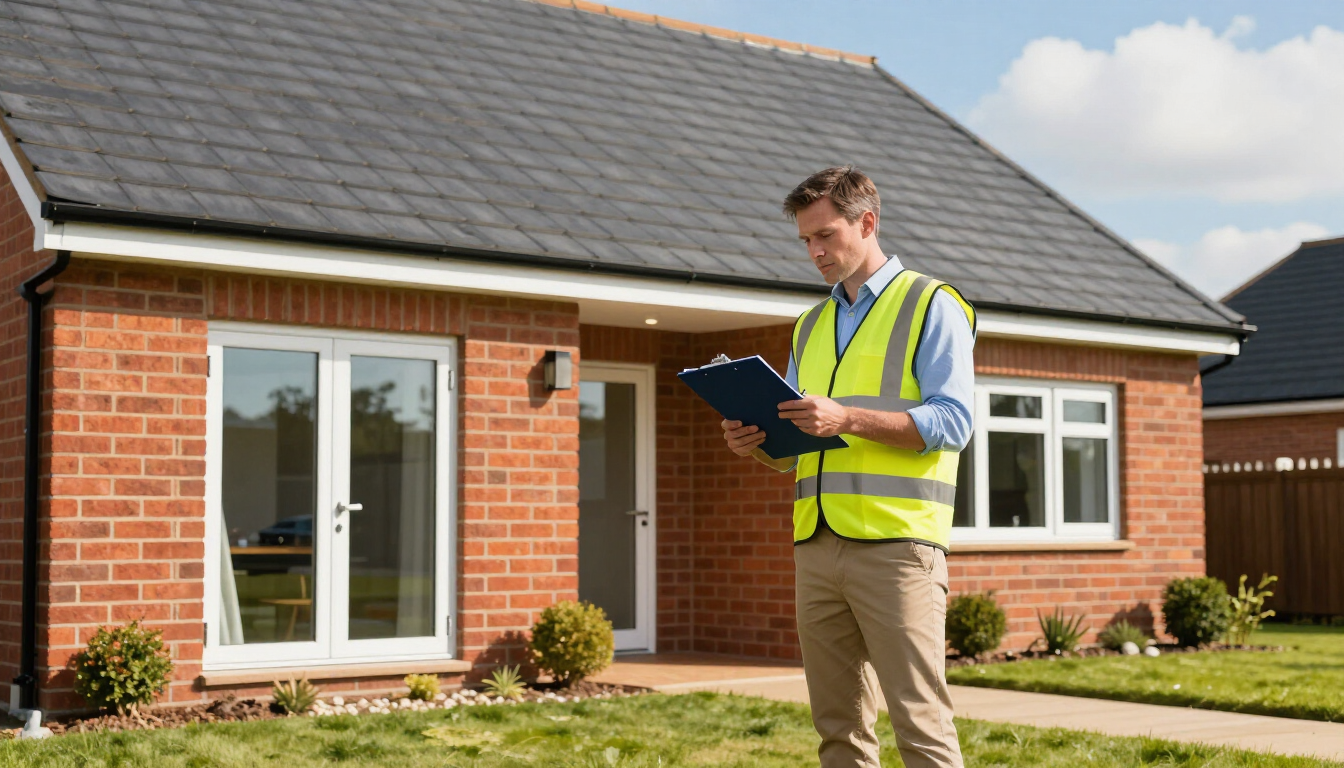 Surveyor in high-vis vest reading a clipboard outside a brick house