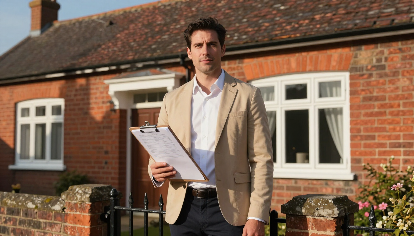Man in beige blazer holding a clipboard outside a brick house in sunlight