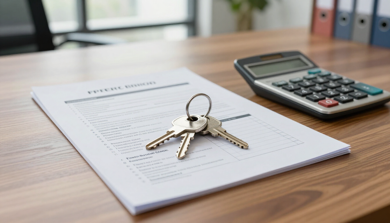 Keys on a real estate contract beside a calculator on a wooden desk.