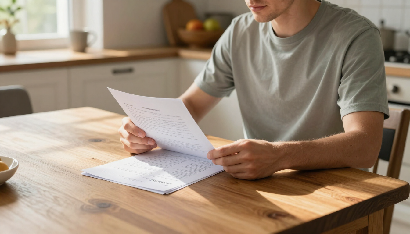 Person reviewing papers at a wooden kitchen table in a bright, modern kitchen.