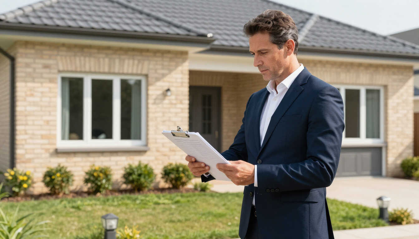 Man in navy suit reviewing a clipboard outside a modern house with a lawn and shrubs