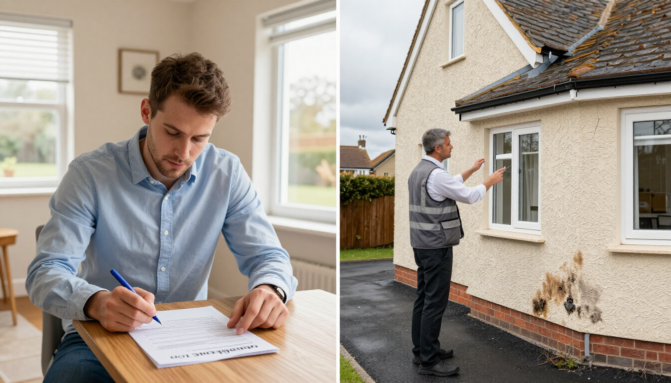 Man signing paperwork at a desk; man inspecting damage on a house exterior
