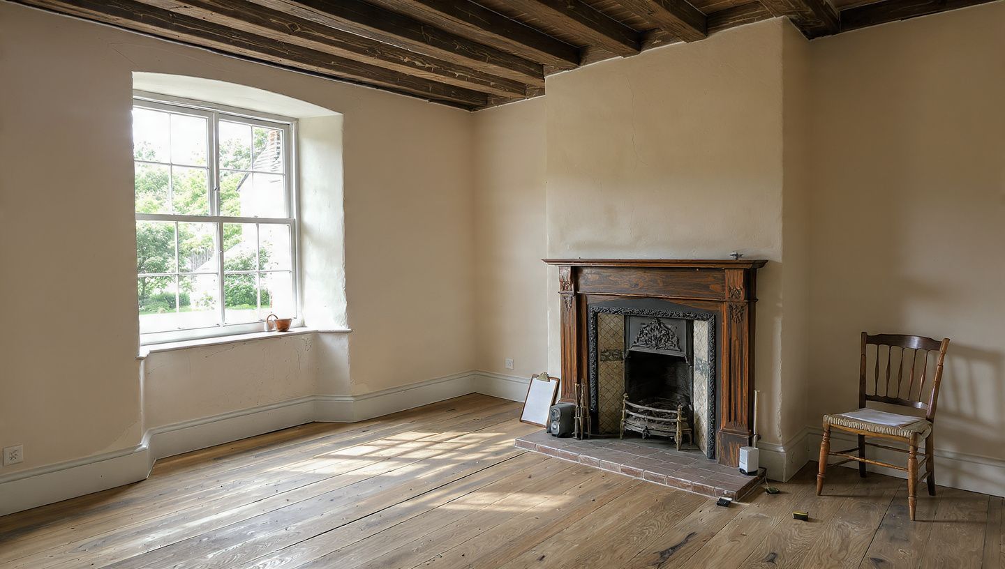 Empty room with exposed beams, window, fireplace, and a chair on wooden floor