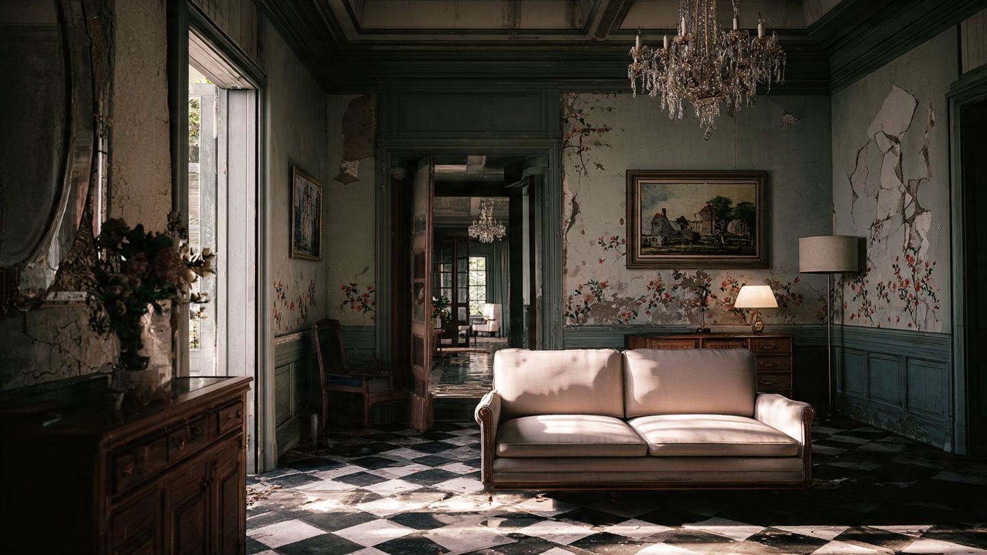 Elegant vintage living room with a white sofa, chandelier, fireplace, and patterned tile floor