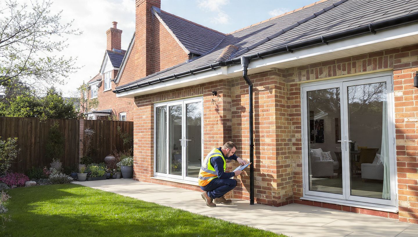 Gardener kneeling beside a brick house patio, tending plants with a lawn and sliding glass doors nearby