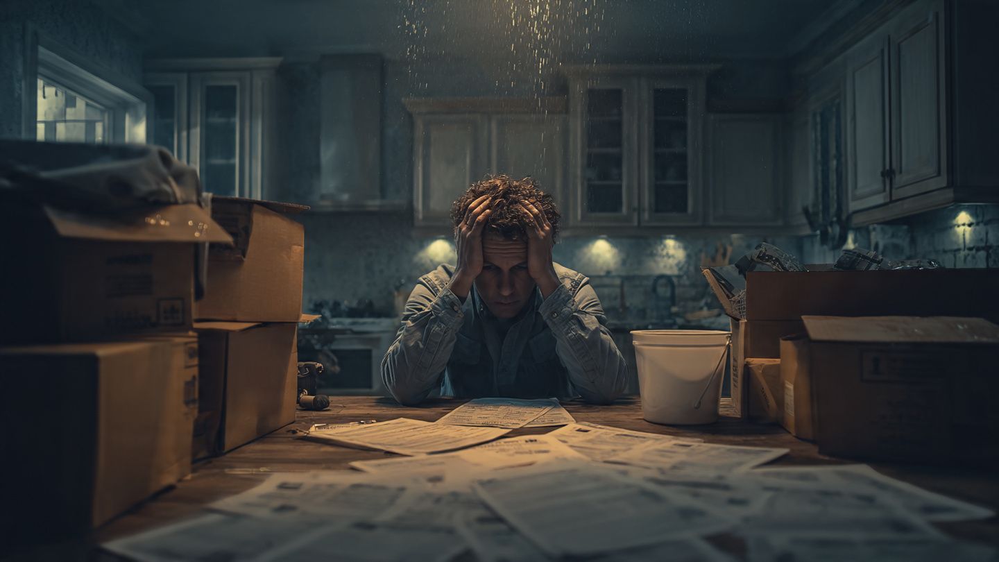 Person with head in hands at a cluttered kitchen table, surrounded by cardboard boxes in a dim room