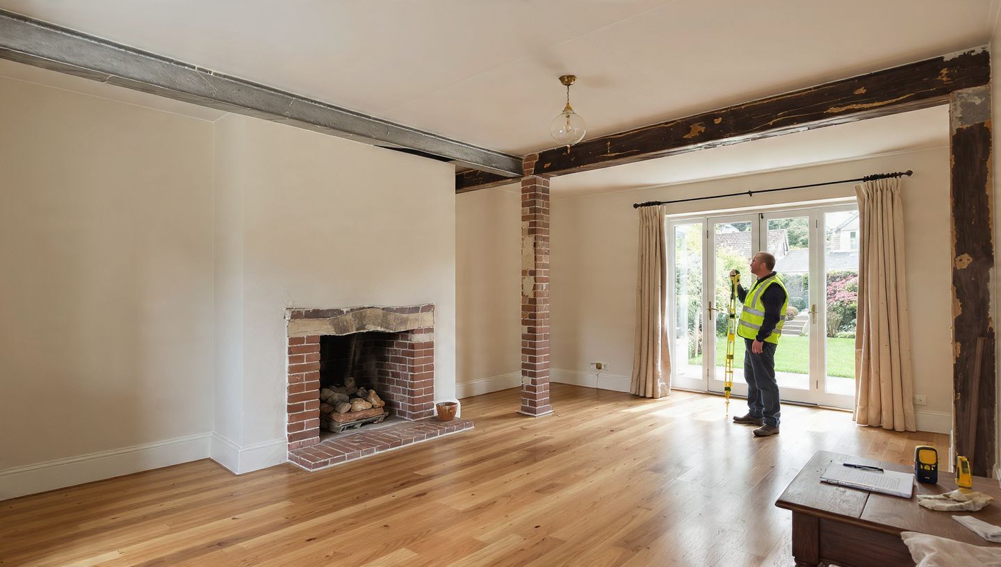Empty living room with hardwood floors, brick fireplace, and a worker inspecting the window area.