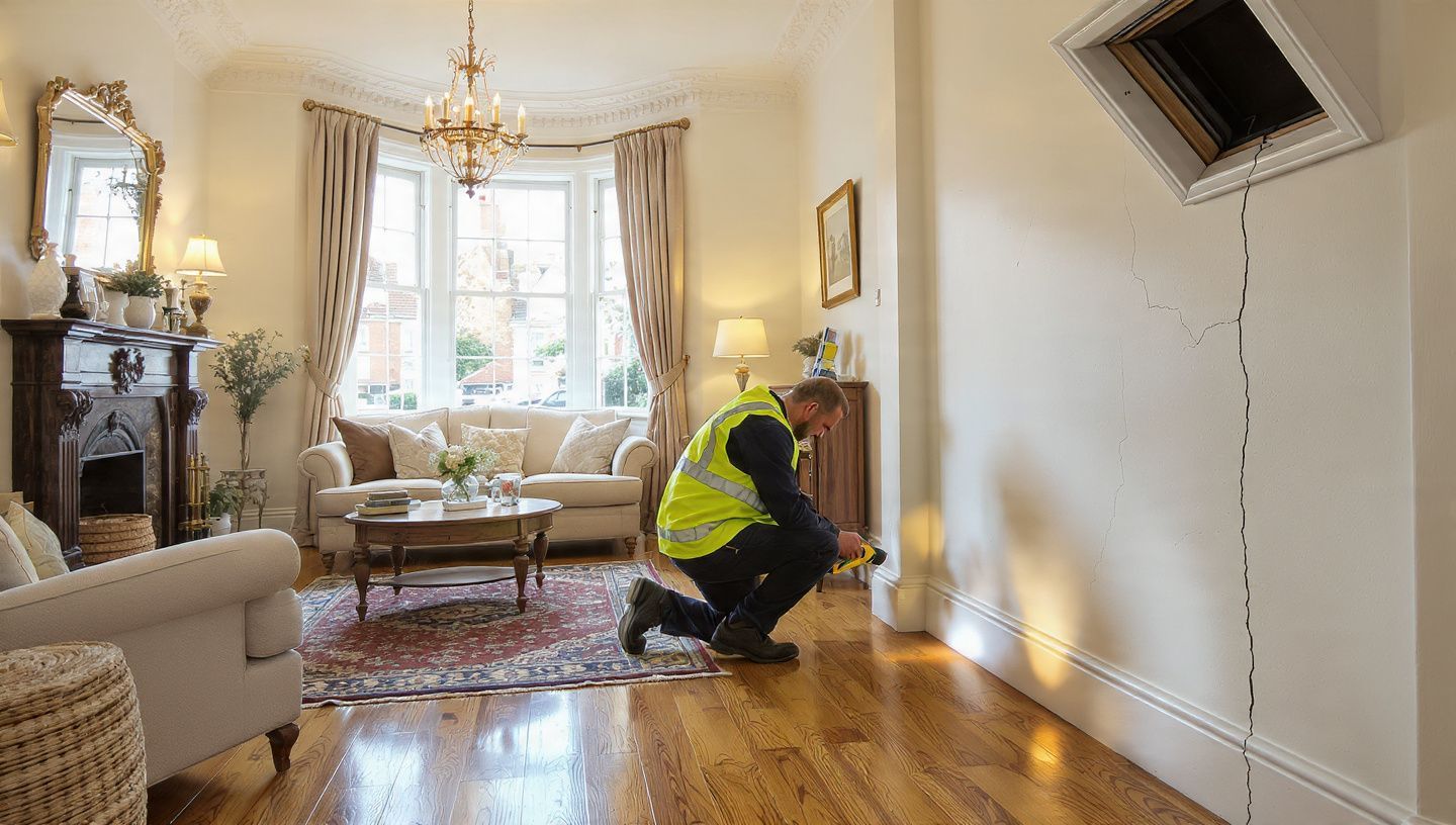 Technician kneeling in a bright living room, inspecting a wall near a broken ceiling opening.