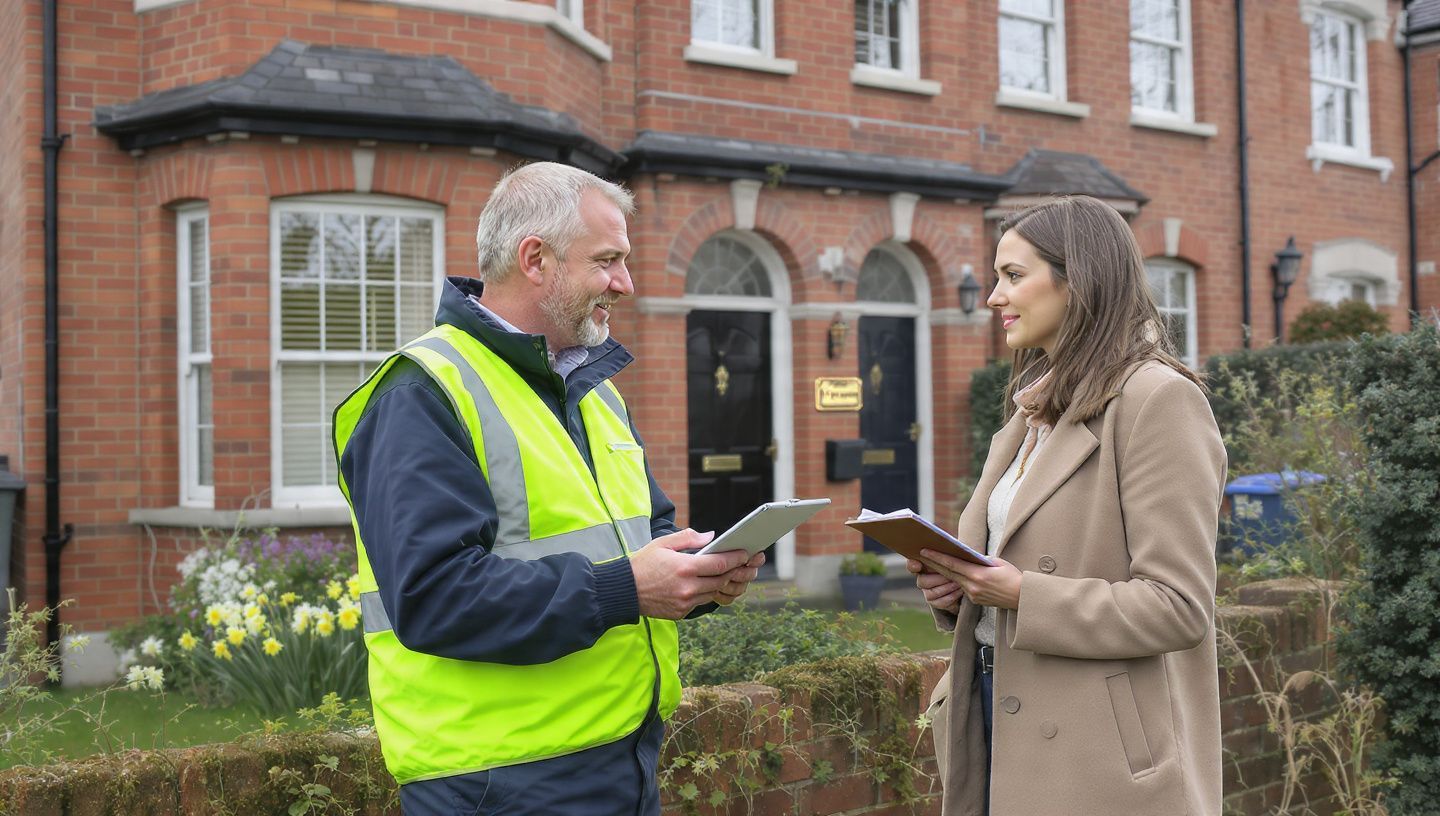 Two people in outdoor jackets review documents outside a brick house.