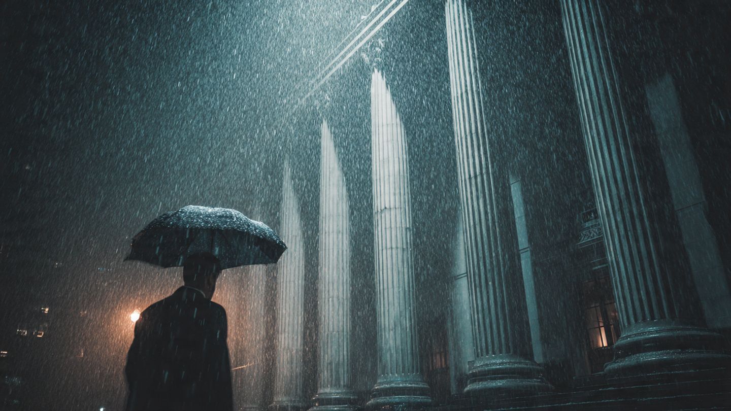 Person with umbrella in a rain-soaked, dimly lit colonnade at night
