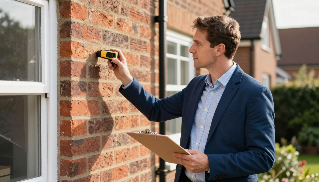 Surveyor measuring a brick wall outside a house, holding a clipboard.