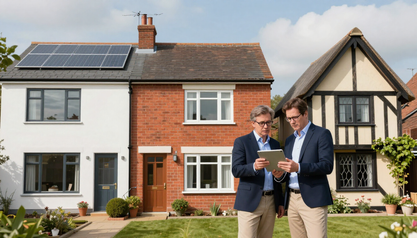 Two men reviewing documents in front of a house with solar panels and a brick facade