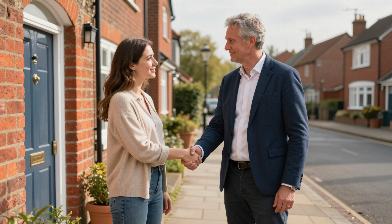 Two people shake hands on a residential street outside brick houses.