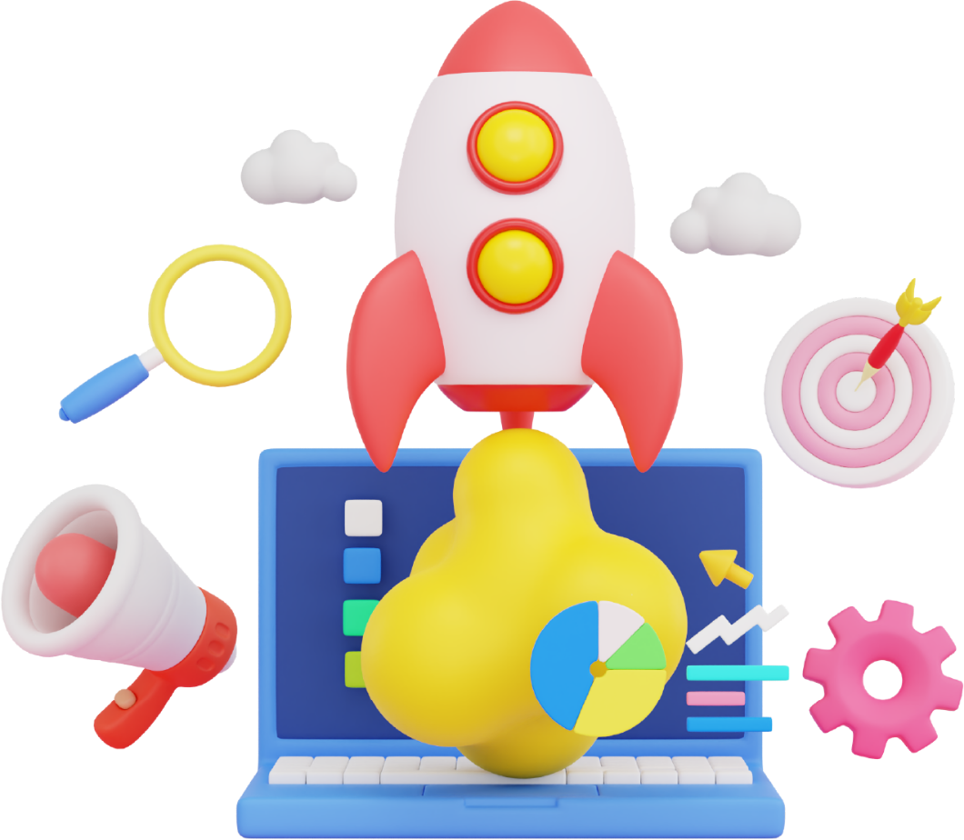 3D illustration of a rocket launching from a laptop, marketing and data analysis icons.