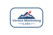 Vertex Marketing Labs logo with blue mountains and red arrow in a rounded blue border