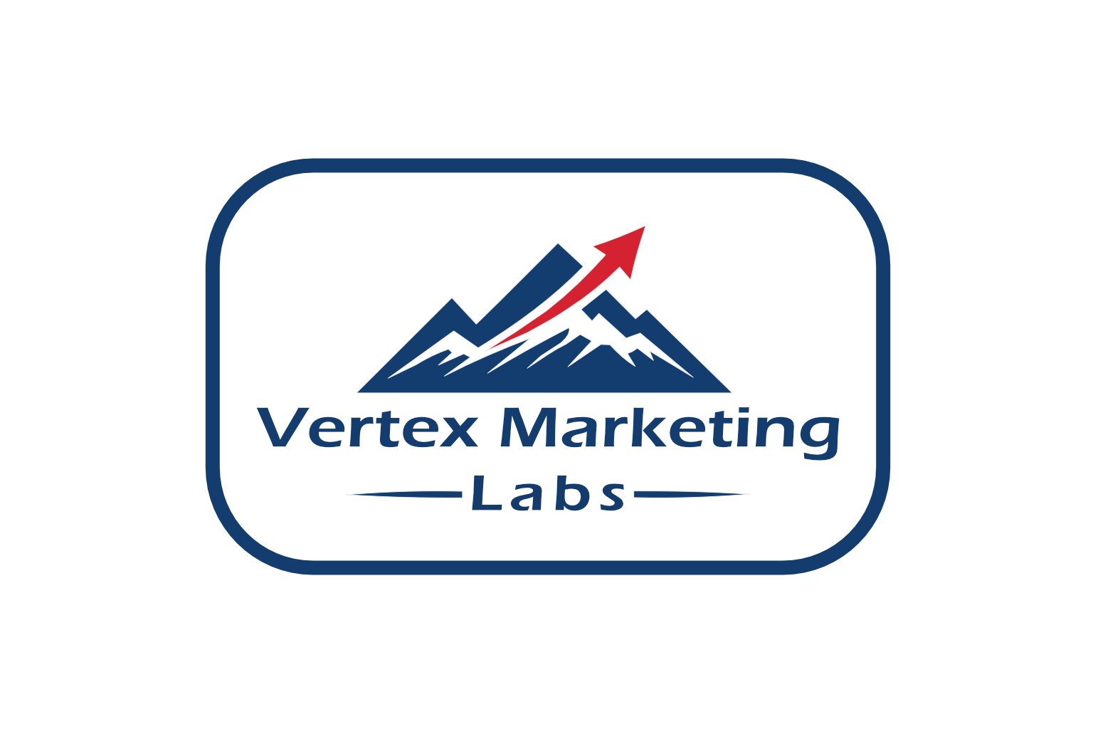 Vertex Marketing Labs logo with blue mountains and red arrow in a rounded blue border