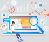 Found Here Media graphic of a person sitting on an open laptop with assorted icons, representing Tucson lead generation systems.