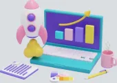 Graphic icons of a laptop, calculator, rocket ship, and speech bubble representing Tucson SEO services and business growth.