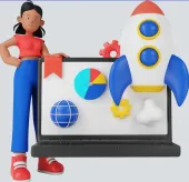 Illustration of a laptop with a rocket ship, globe, and pie chart symbolizing Tucson web design that drives business growth.