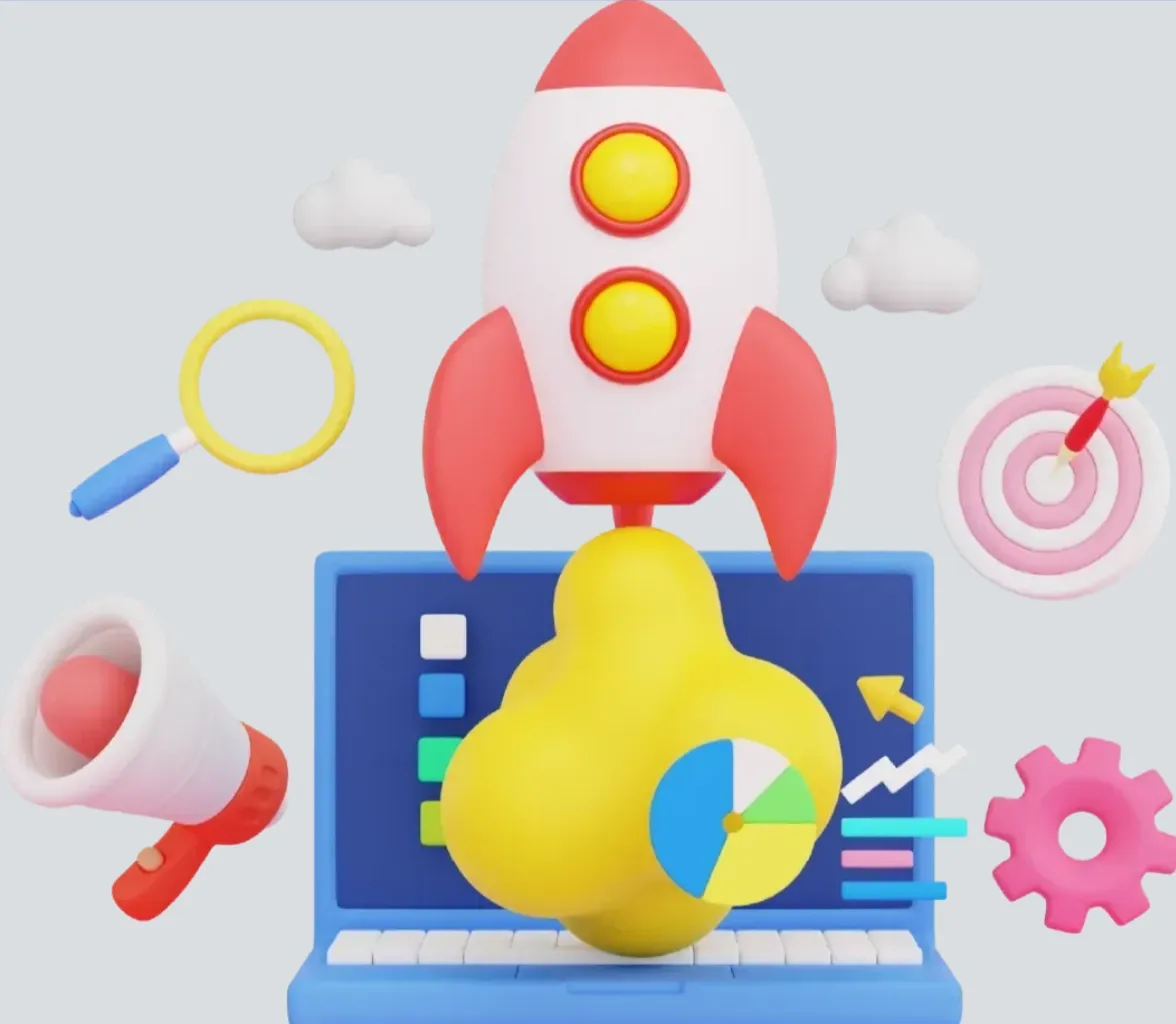 Lead Peak Media illustration of a rocket launching from a laptop with analytics icons, representing Tucson SEO and lead generation growth.