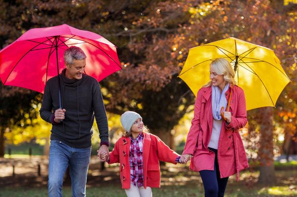 Three people walking in a park with red and yellow umbrellas on a rainy day