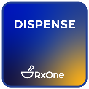 A blue and yellow square with the word dispense on it.