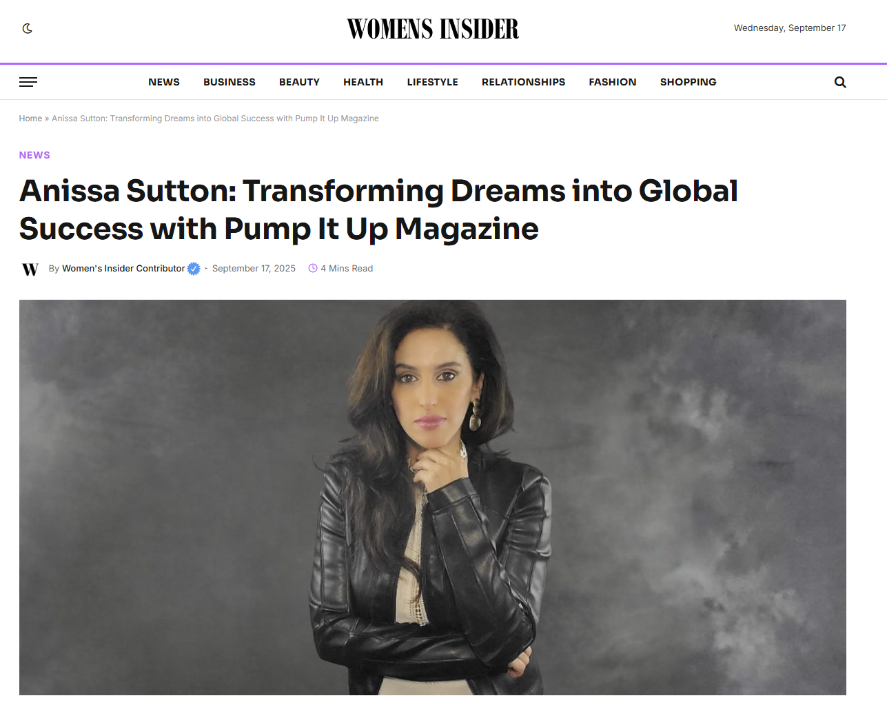 Anissa Sutton, a woman in a black jacket, is featured in an article about Pump It Up Magazine.