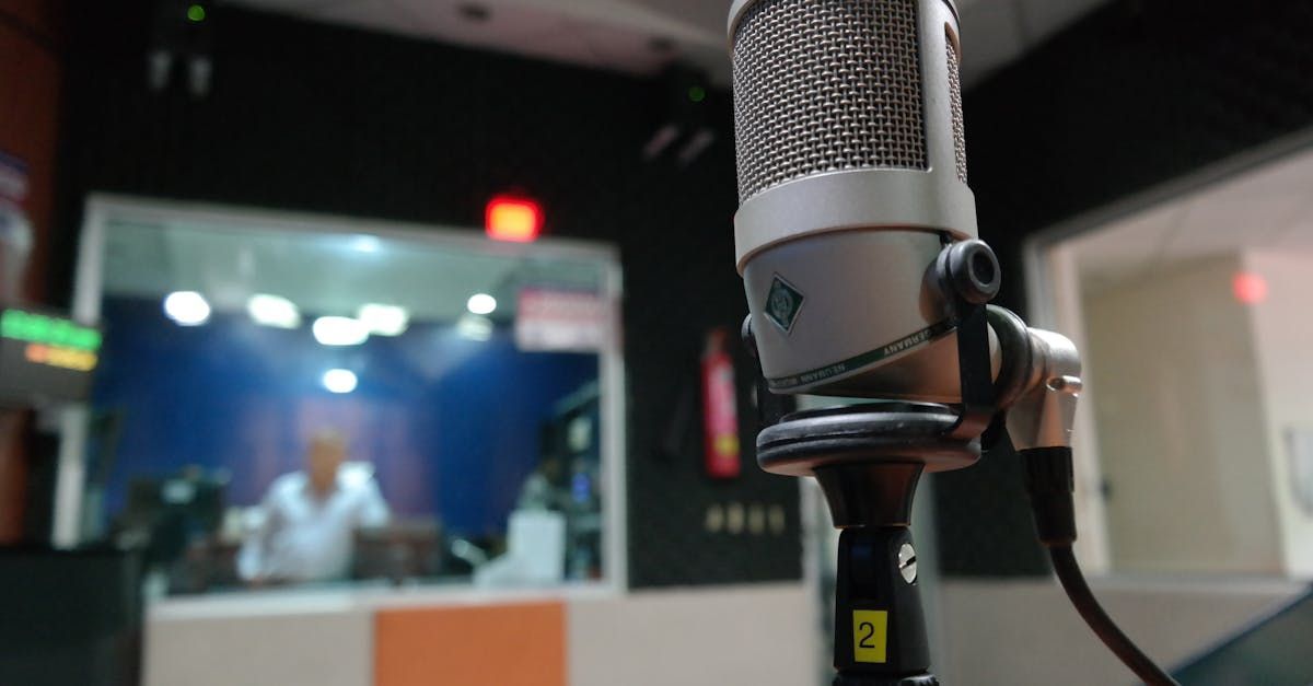 A close up of a microphone in a radio studio.