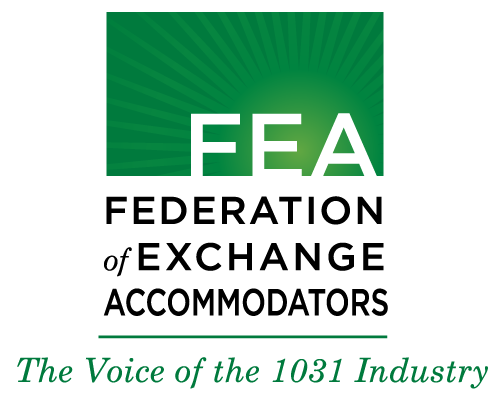 The logo for the federation of exchange accommodators is green and black.