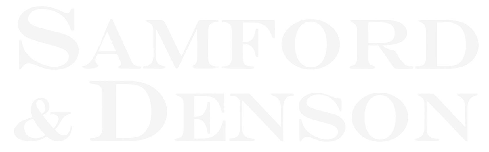 A white logo for samford & denson on a white background.